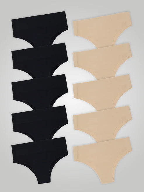 Kit with 10 Seamless High Waist Bikini Panties (5 Black and 5 Beige)