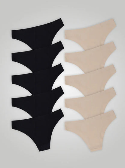 Kit with 10 Seamless Second Skin Bikini Panties (5 Black and 5 Beige)