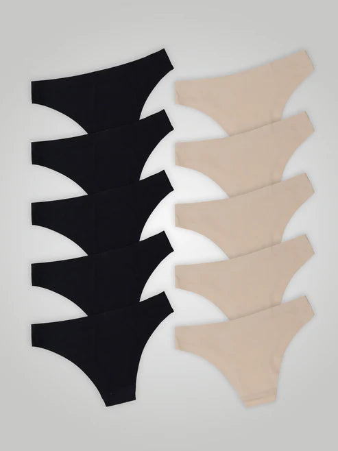 Kit with 10 Seamless Second Skin Bikini Panties (5 Black and 5 Beige)