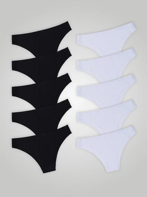 Kit with 10 Seamless Second Skin Bikini Panties (5 Black and 5 White)