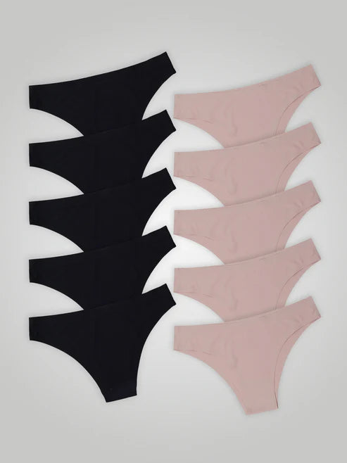 Kit with 10 Seamless Second Skin Bikini Panties (5 Black and 5 Pink)
