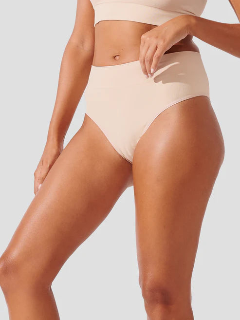 Premium Beige Seamless Ribbed High Waist Bikini Bottom