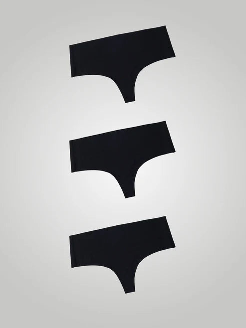 Kit with 3 Seamless High Waist Thong Panties, Black