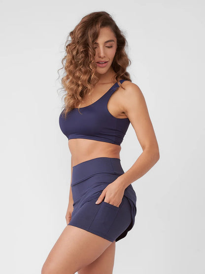 Navy Blue Wide Coverage Fitness Top Set + Navy Blue Seamless Fitness Skirt Shorts