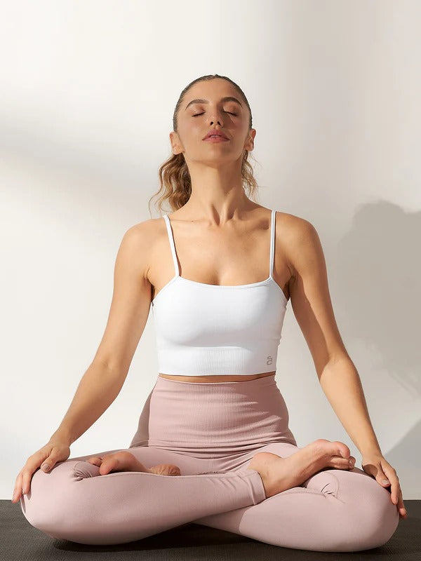 White Fitness Top + Pink Ribbed High Waist Leggings Set
